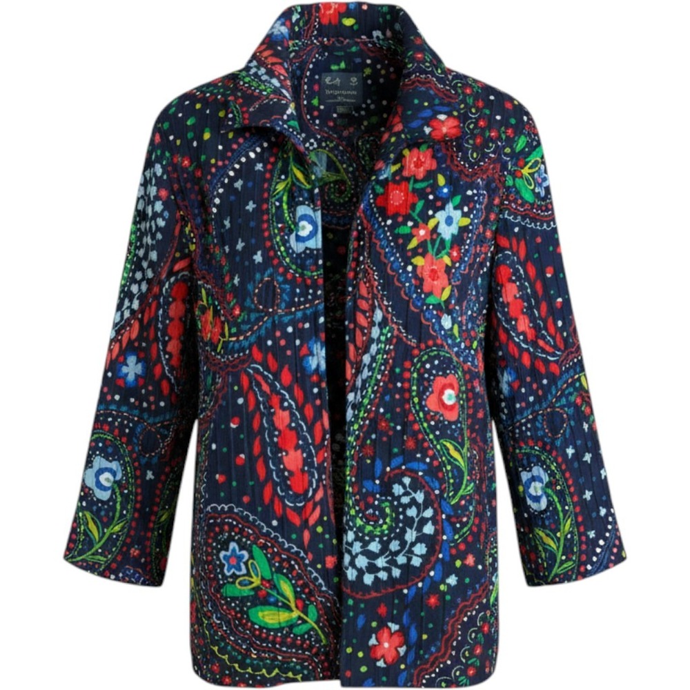 Alfred Dunner Navy Paisley Floral Open Front Jacket Size 14 3/4 Sleeve Crinkle